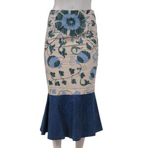 All Things Mochi Floral Embroidered Midi Skirt Siz Medium Beige Blue Denim